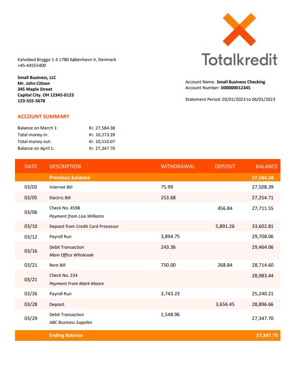 Relevé de compte de l'organisation Totalkredit Bank Word et PDF